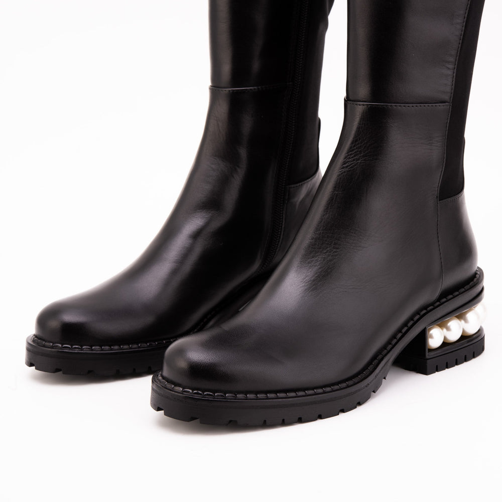 The Valeria Pearl Heel Knee-High Black Leather Boot - Vinci Leather