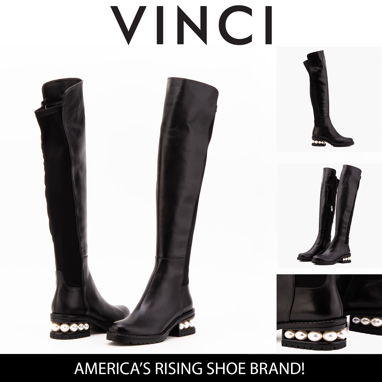 The Valeria Pearl Heel Knee-High Black Leather Boot - Vinci Leather