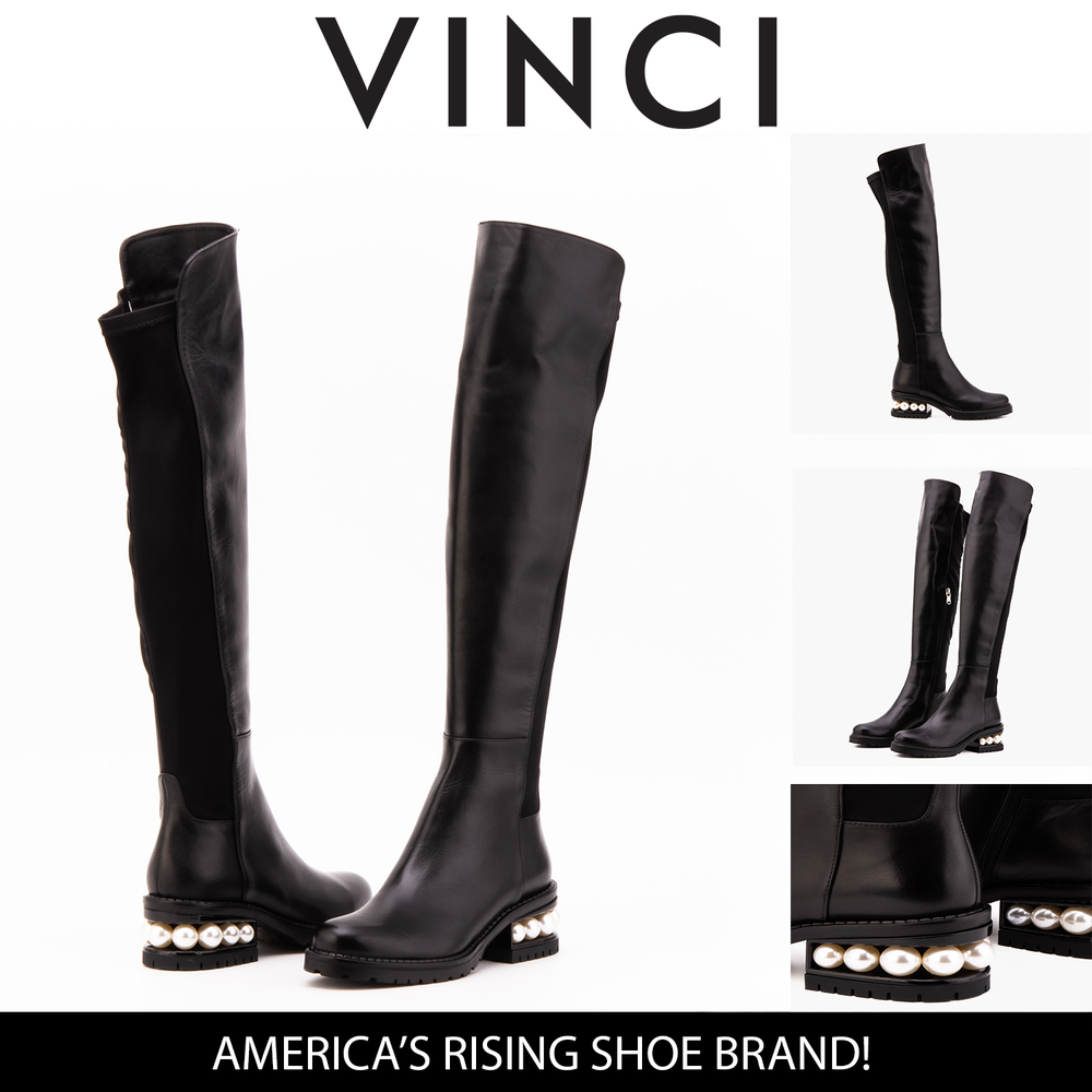 The Valeria Pearl Heel Knee-High Black Leather Boot - Vinci Leather