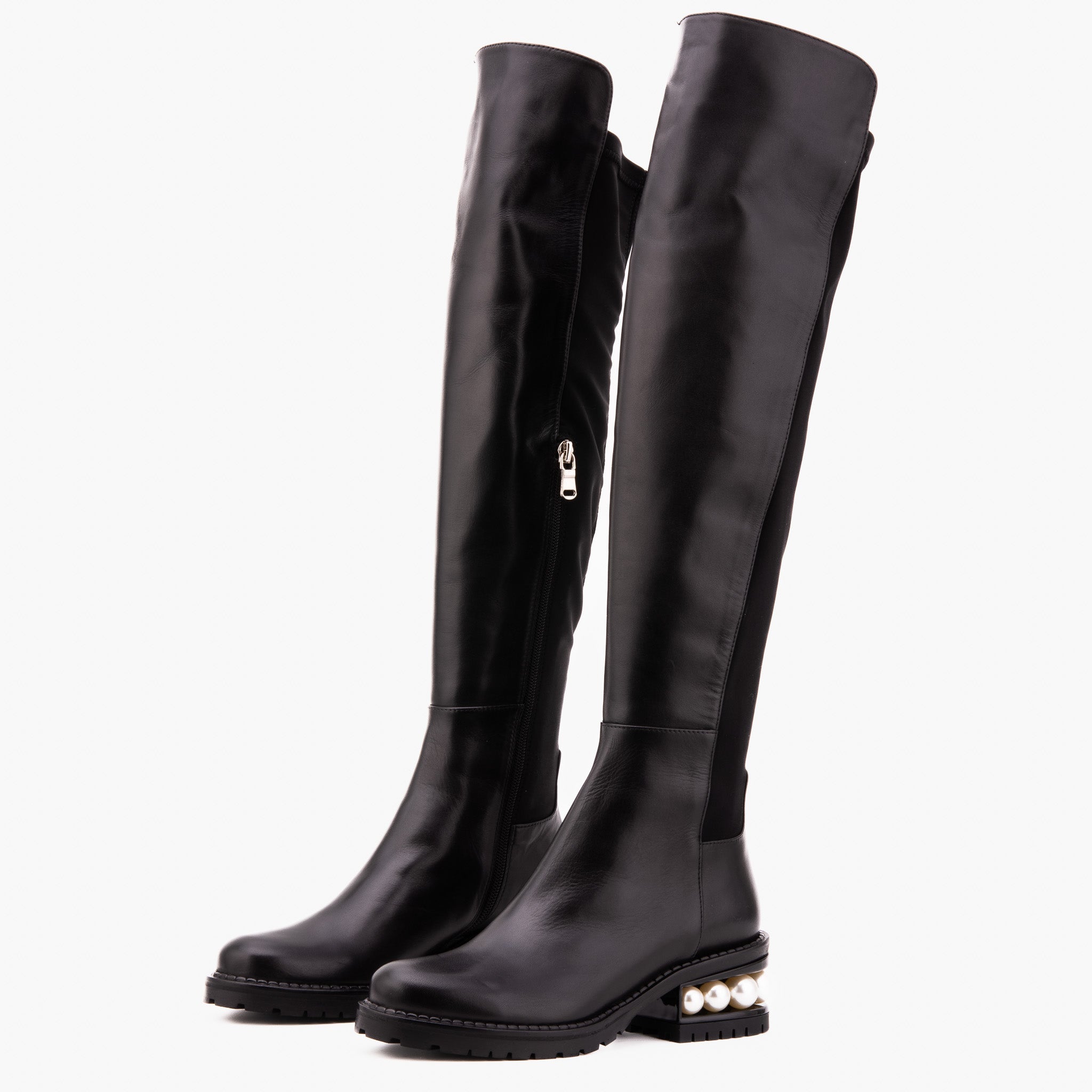 The Valeria Pearl Heel Knee-High Black Leather Boot - Vinci Leather