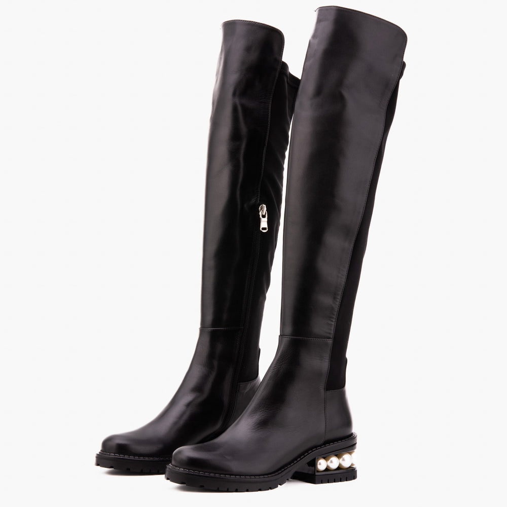 The Valeria Pearl Heel Knee-High Black Leather Boot - Vinci Leather
