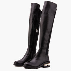 The Valeria Pearl Heel Knee-High Black Leather Boot - Vinci Leather