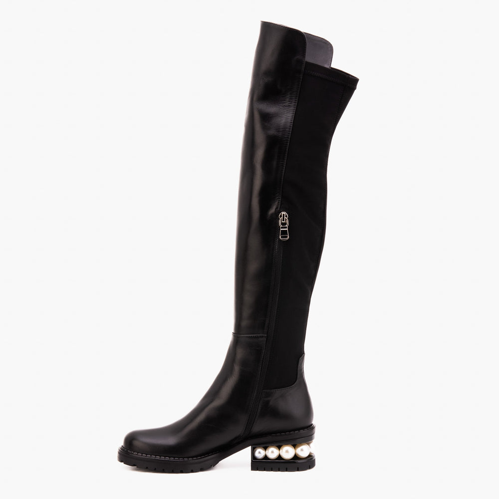 The Valeria Pearl Heel Knee-High Black Leather Boot - Vinci Leather