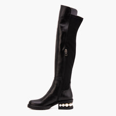 The Valeria Pearl Heel Knee-High Black Leather Boot - Vinci Leather