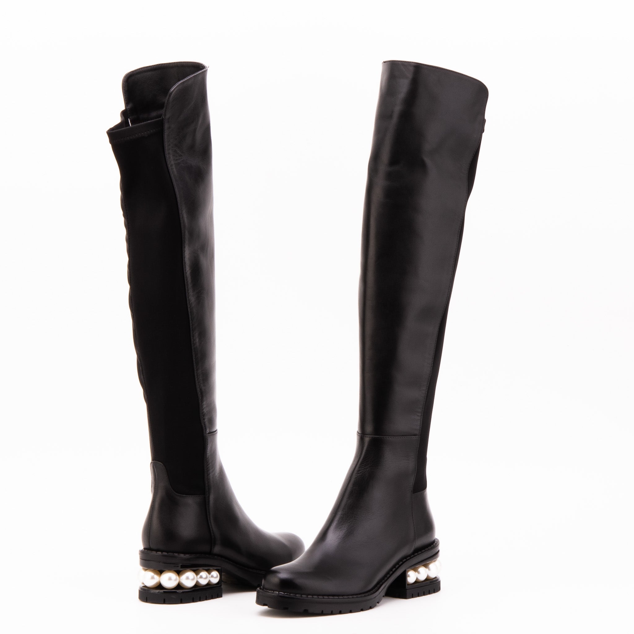 The Valeria Pearl Heel Knee-High Black Leather Boot - Vinci Leather