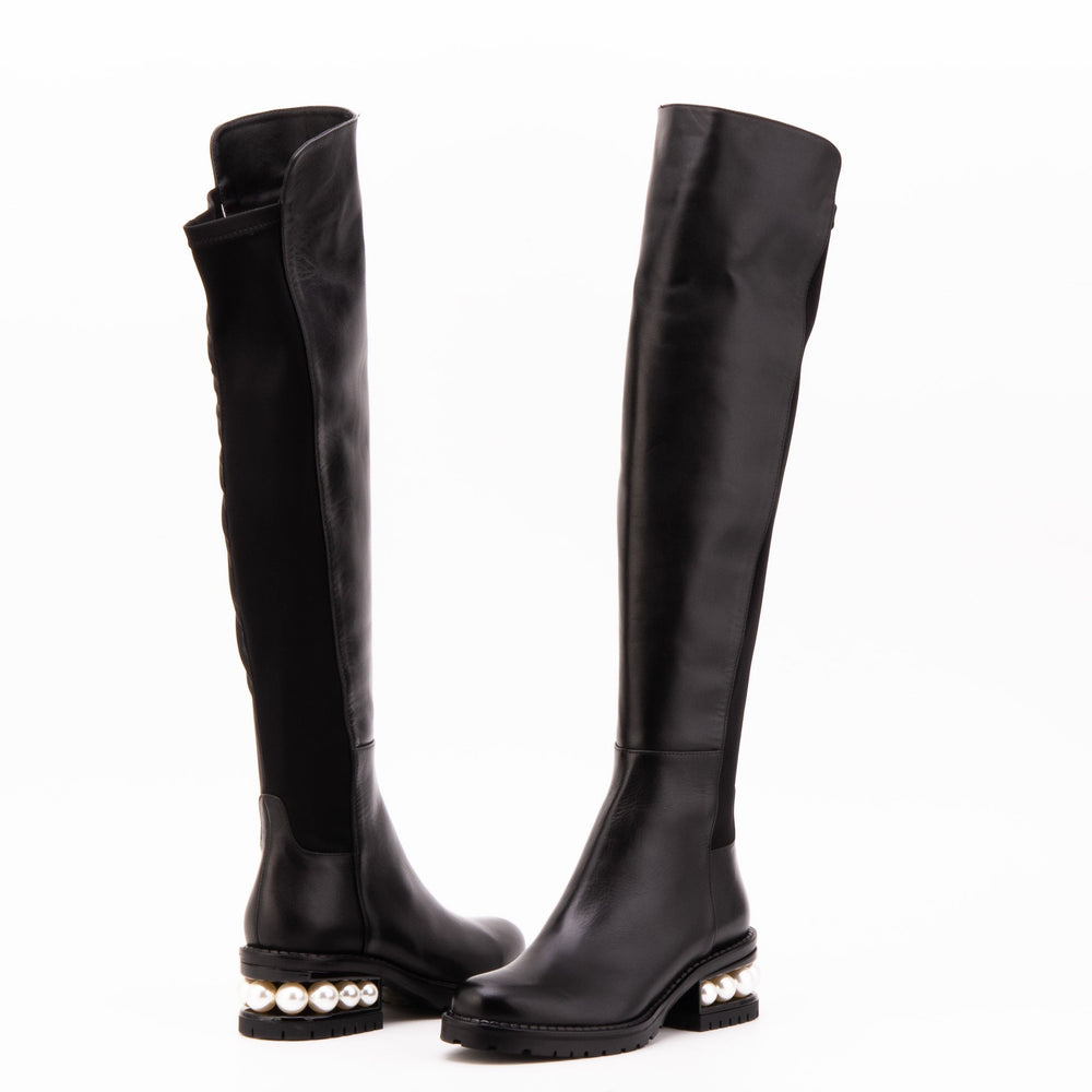 The Valeria Pearl Heel Knee-High Black Leather Boot - Vinci Leather