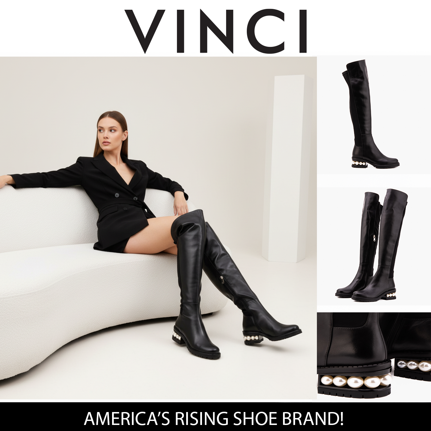 The Valeria Pearl Heel Knee-High Black Leather Boot - Vinci Leather