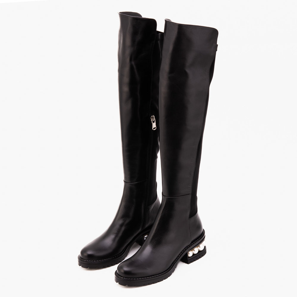 The Valeria Pearl Heel Knee-High Black Leather Boot - Vinci Leather