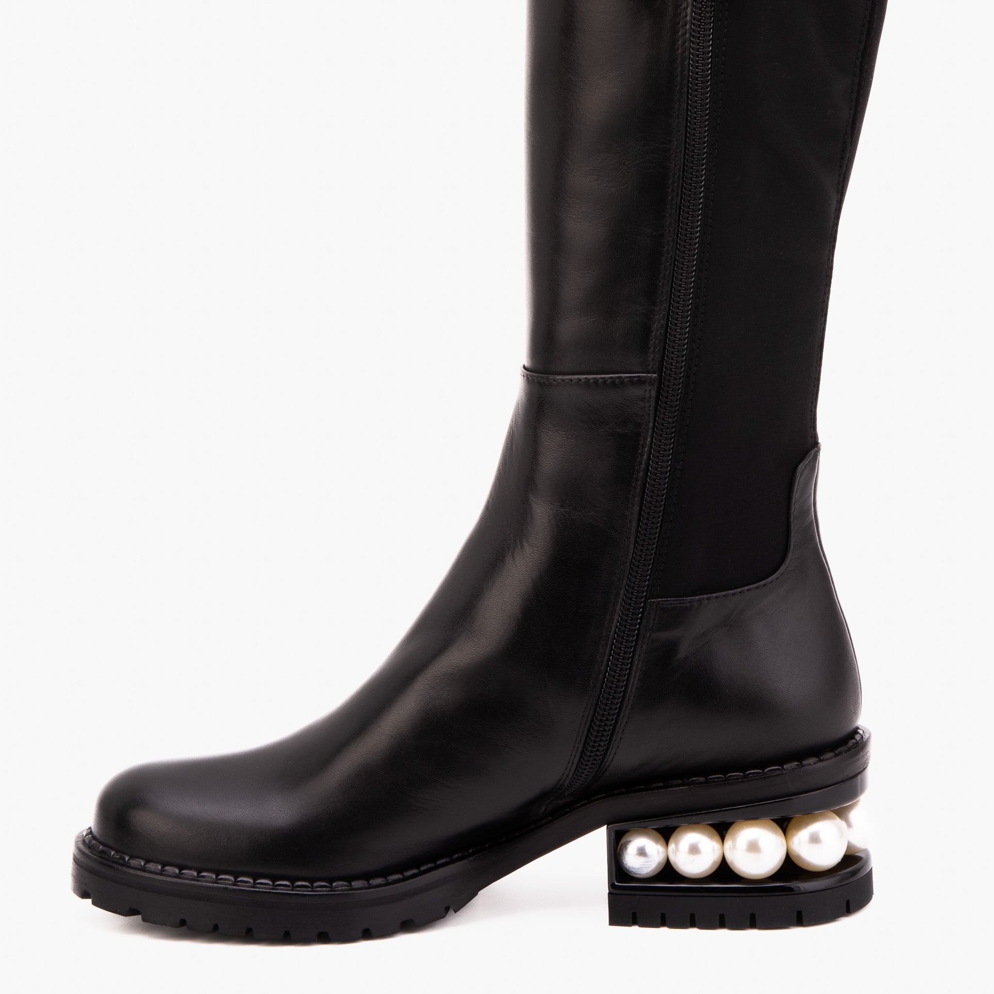 The Valeria Pearl Heel Knee-High Black Leather Boot - Vinci Leather