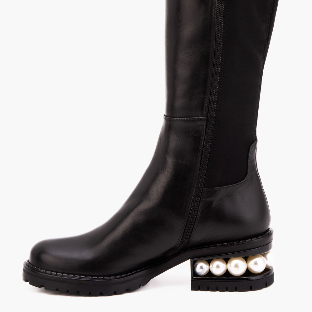 The Valeria Pearl Heel Knee-High Black Leather Boot - Vinci Leather