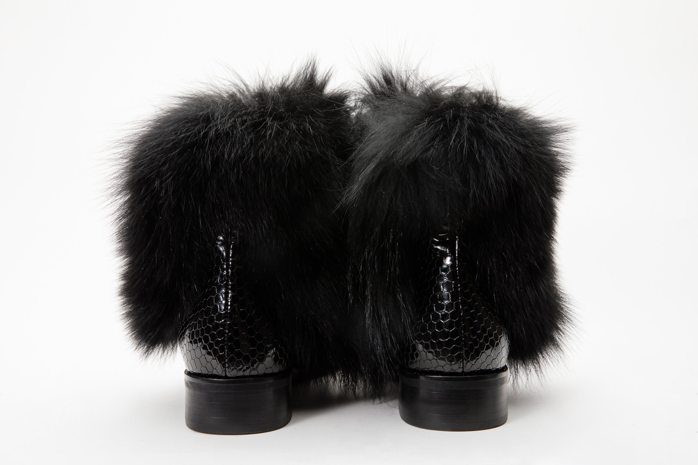 The Izmir Black Patent Leather Natural Fur Mid Calf  Boot - Vinci Leather