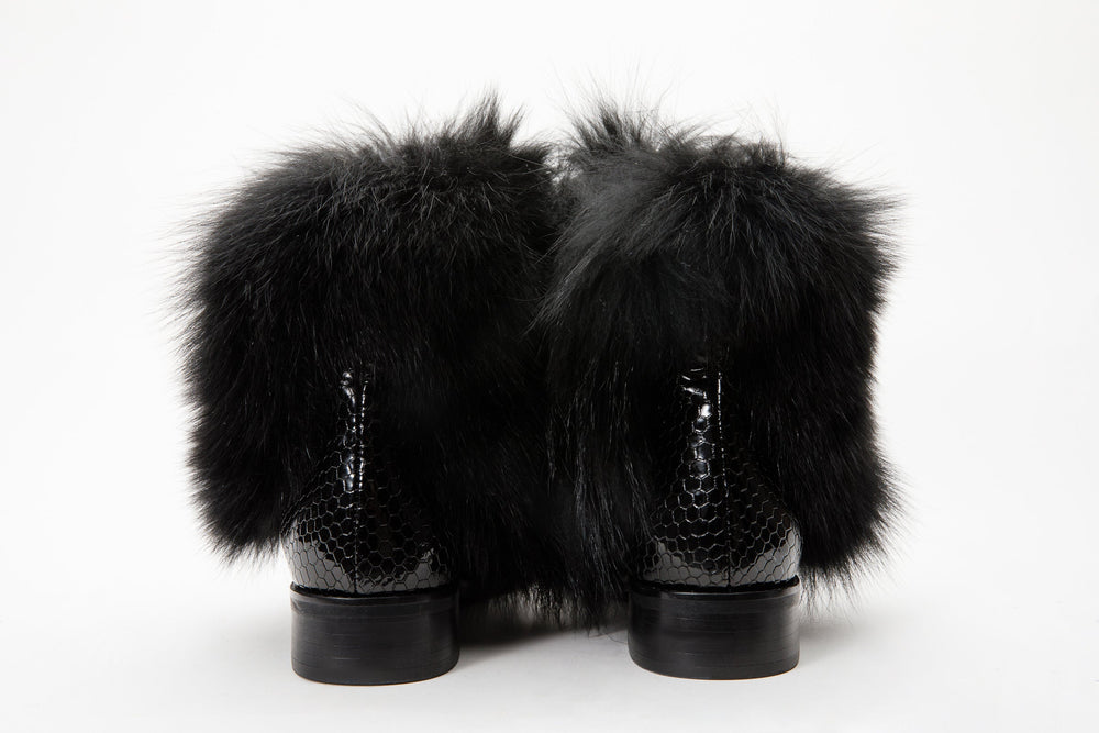 The Izmir Black Patent Leather Natural Fur Mid Calf  Boot - Vinci Leather