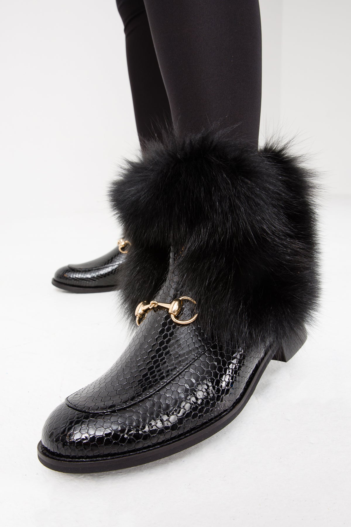 The Izmir Black Patent Leather Natural Fur Mid Calf  Boot - Vinci Leather