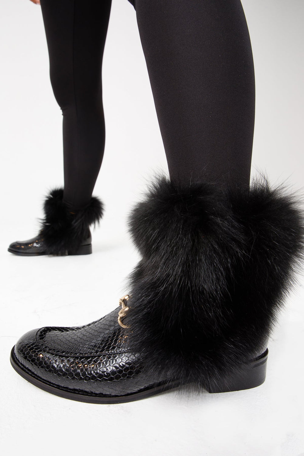The Izmir Black Patent Leather Natural Fur Mid Calf  Boot - Vinci Leather