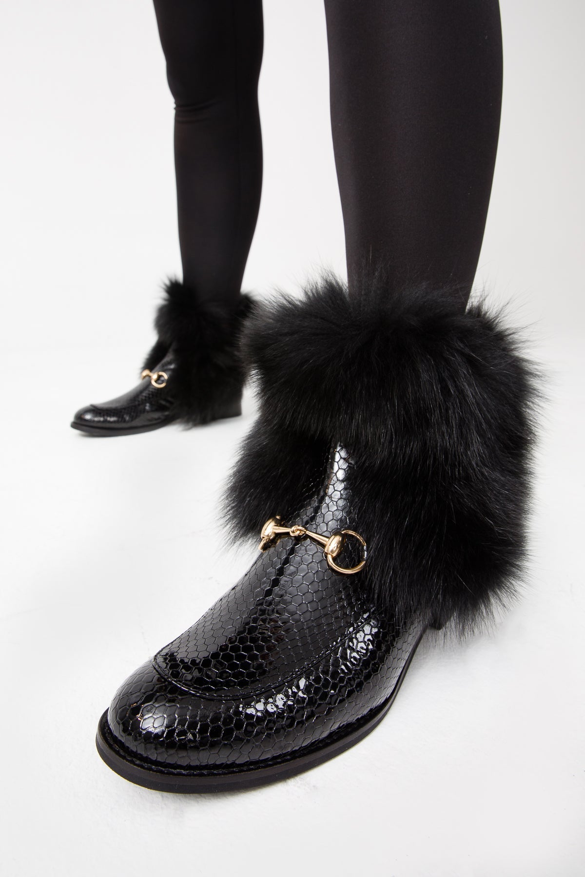 The Izmir Black Patent Leather Natural Fur Mid Calf  Boot - Vinci Leather