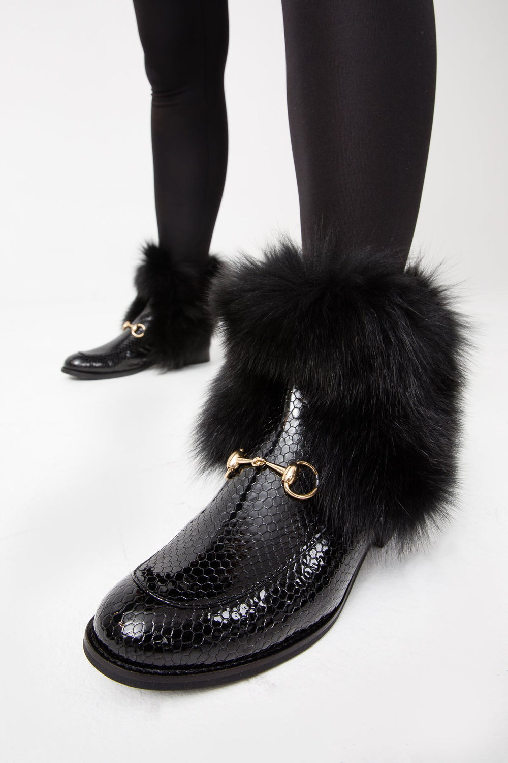 The Izmir Black Patent Leather Natural Fur Mid Calf  Boot - Vinci Leather