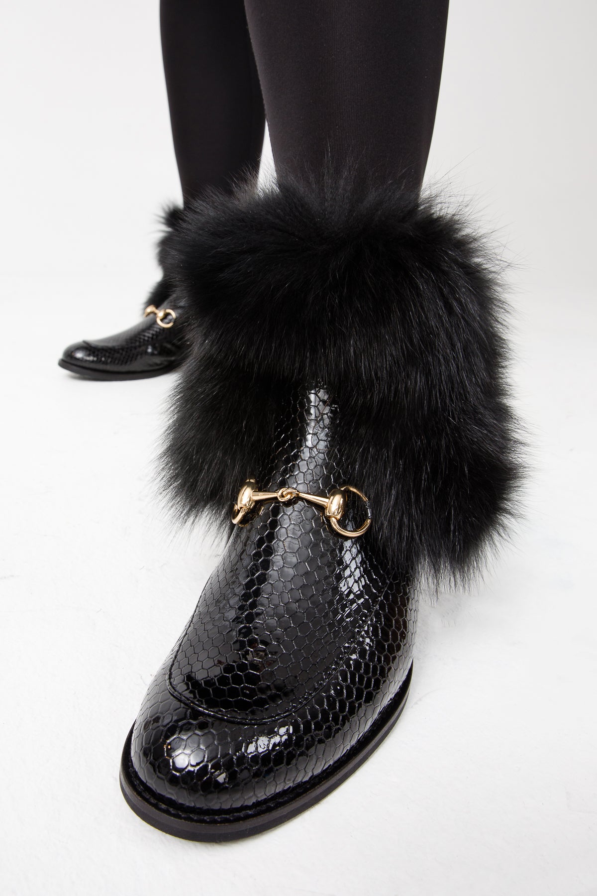 The Izmir Black Patent Leather Natural Fur Mid Calf  Boot - Vinci Leather