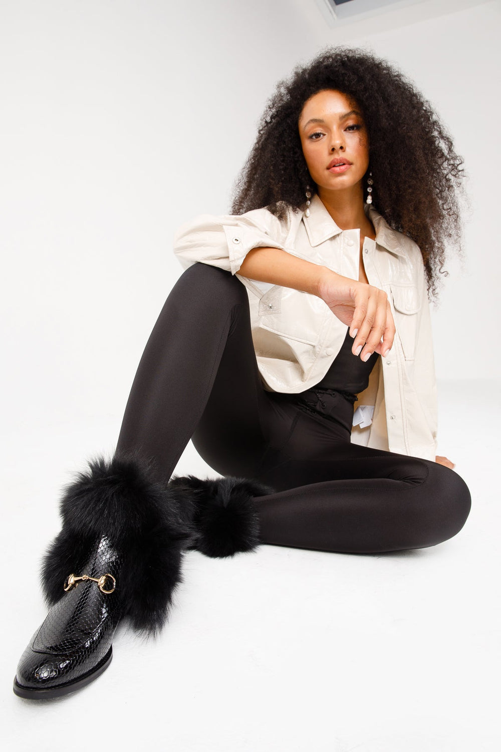The Izmir Black Patent Leather Natural Fur Mid Calf  Boot - Vinci Leather