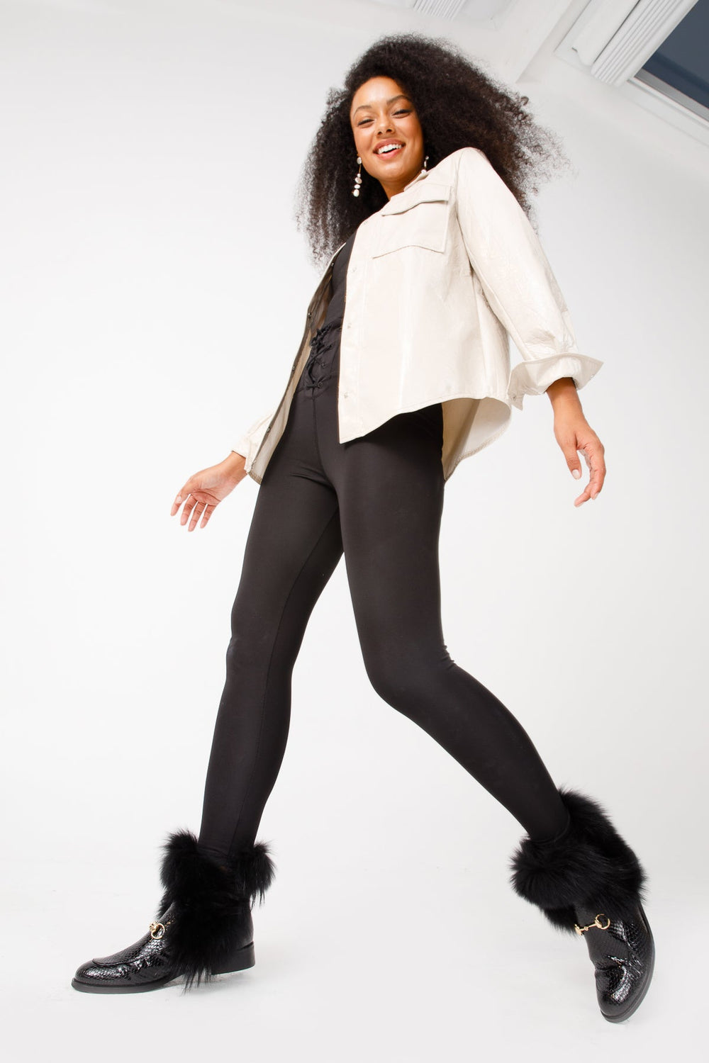 The Izmir Black Patent Leather Natural Fur Mid Calf  Boot - Vinci Leather