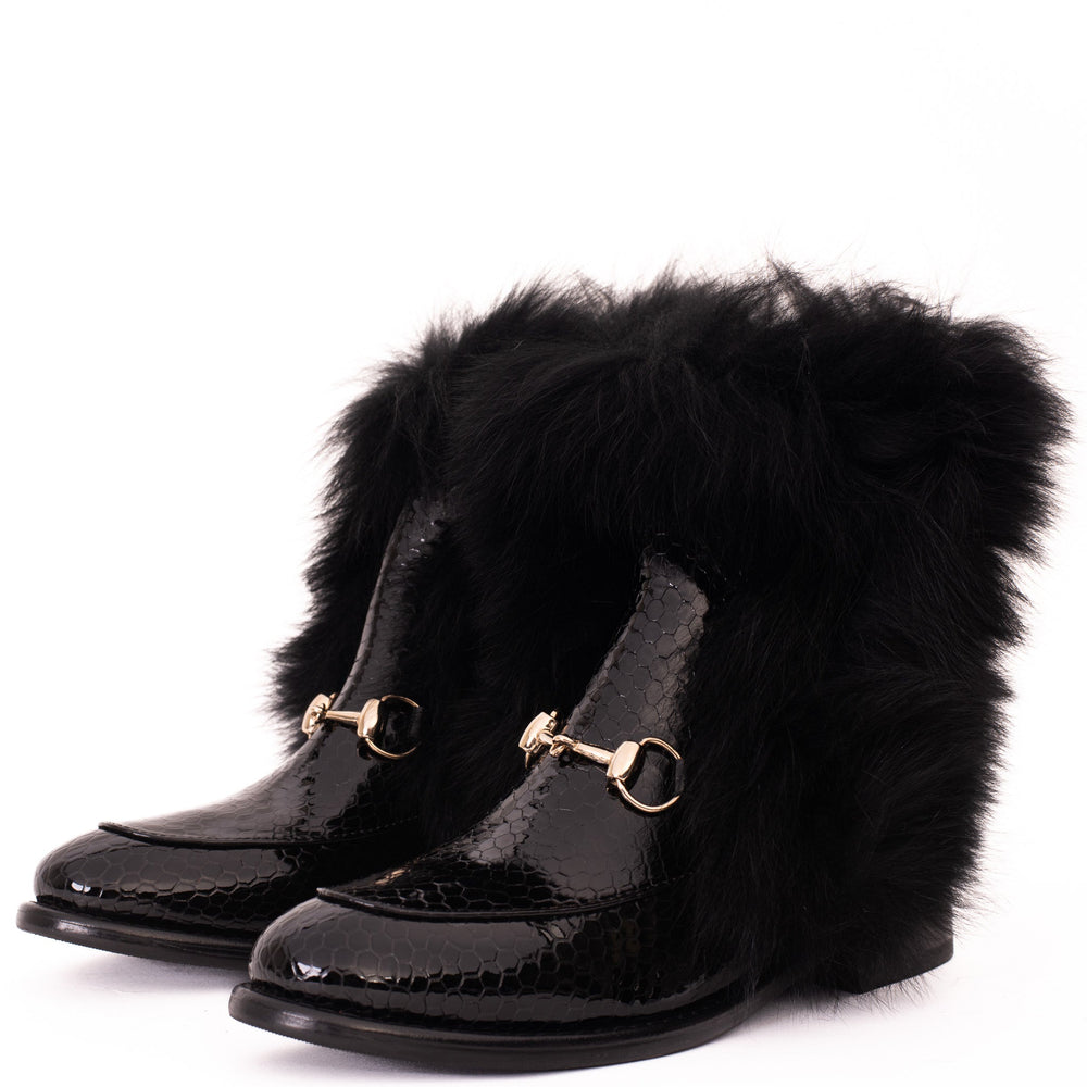 The Izmir Black Patent Leather Natural Fur Mid Calf  Boot - Vinci Leather
