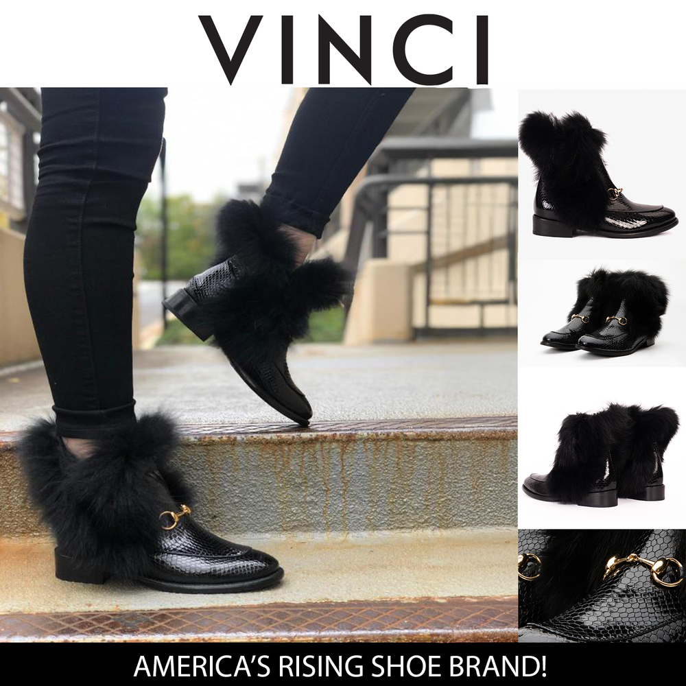 The Izmir Black Patent Leather Natural Fur Mid Calf  Boot - Vinci Leather