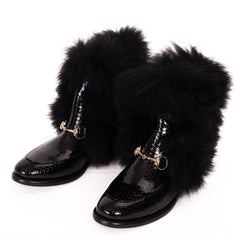The Izmir Black Patent Leather Natural Fur Mid Calf  Boot - Vinci Leather