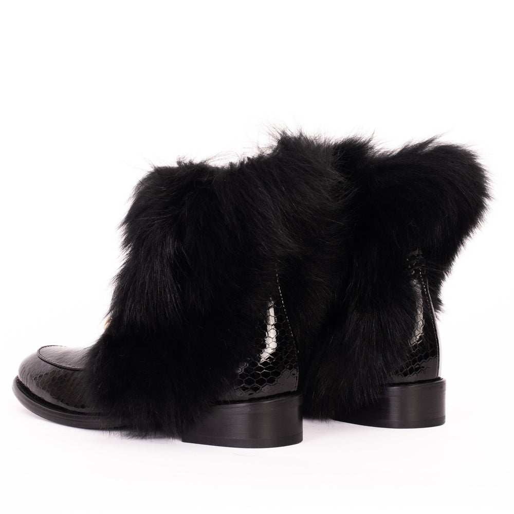 The Izmir Black Patent Leather Natural Fur Mid Calf  Boot - Vinci Leather