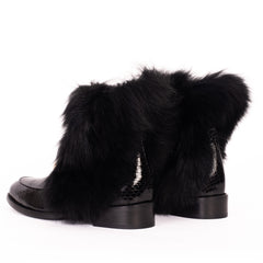 The Izmir Black Patent Leather Natural Fur Mid Calf  Boot - Vinci Leather