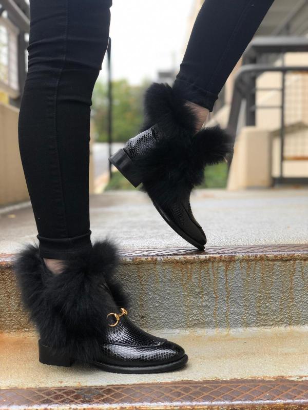 The Izmir Black Patent Leather Natural Fur Mid Calf  Boot - Vinci Leather