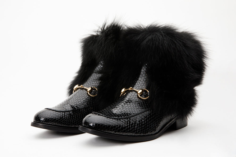 The Izmir Black Patent Leather Natural Fur Mid Calf  Boot - Vinci Leather