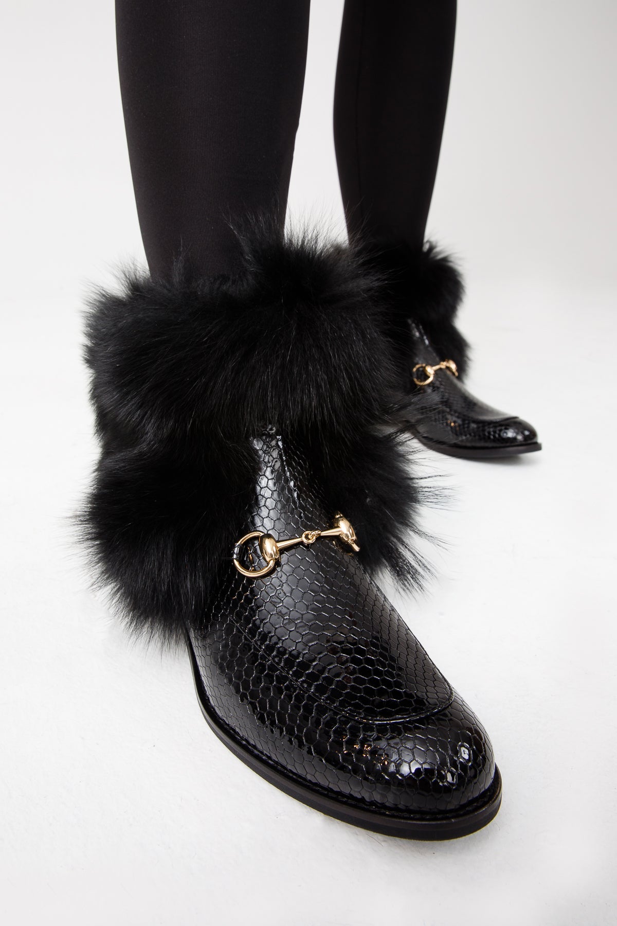 The Izmir Black Patent Leather Natural Fur Mid Calf  Boot - Vinci Leather