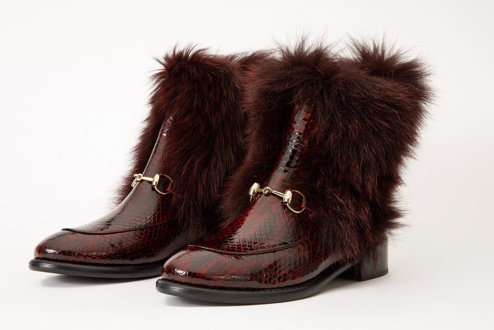 The Izmir Burgundy Patent Leather Natural Fur Mid Calf Boot - Vinci Leather