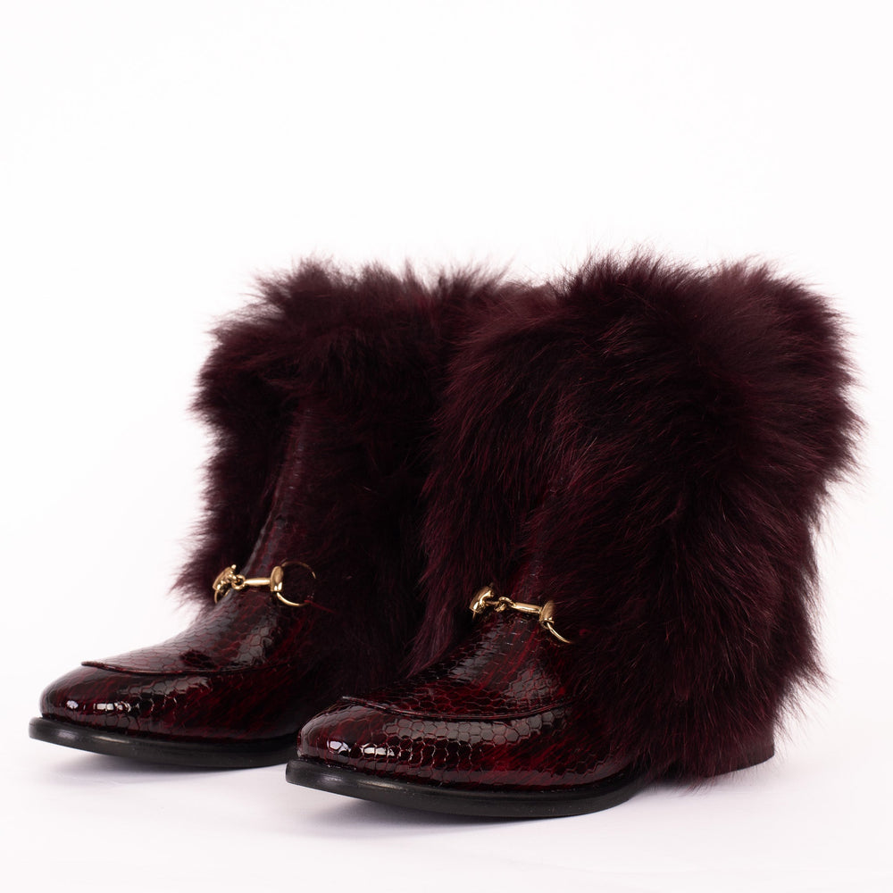 The Izmir Burgundy Patent Leather Natural Fur Mid Calf Boot - Vinci Leather
