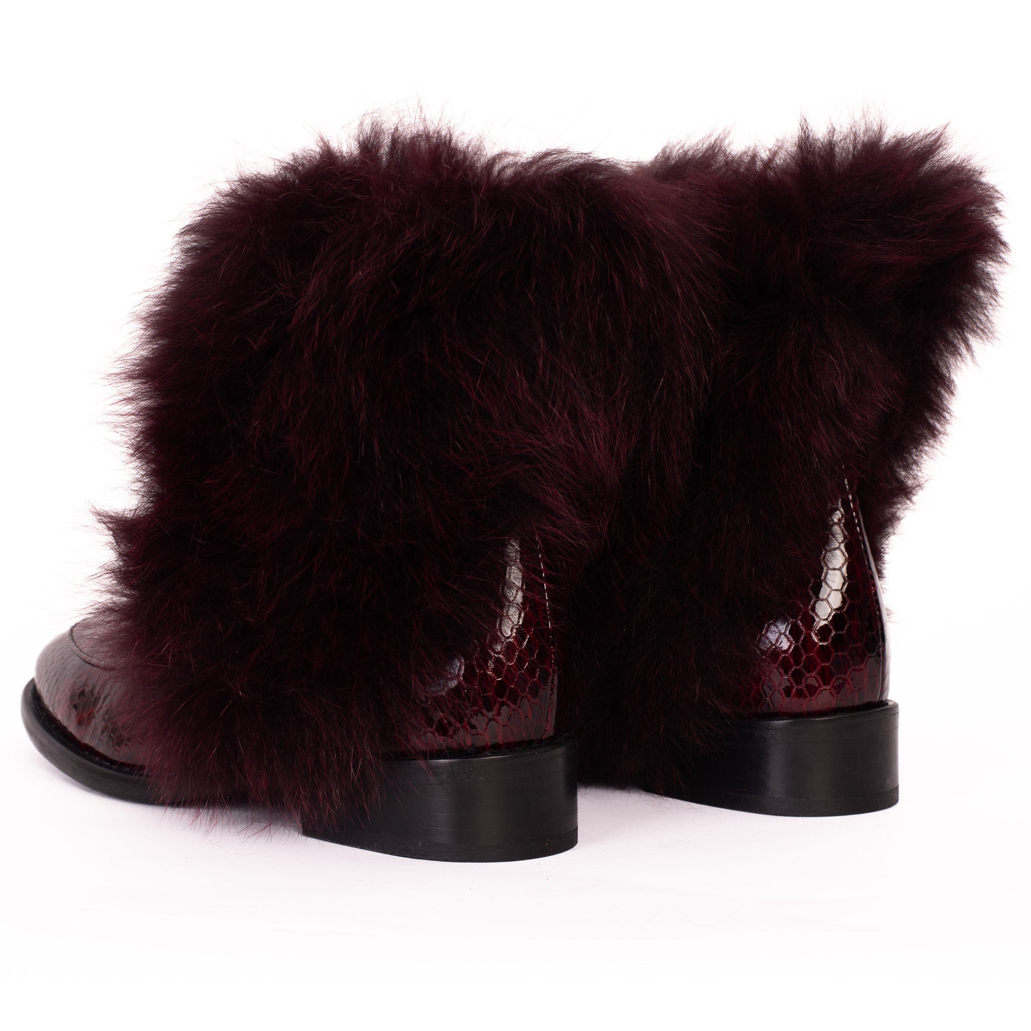 The Izmir Burgundy Patent Leather Natural Fur Mid Calf Boot - Vinci Leather