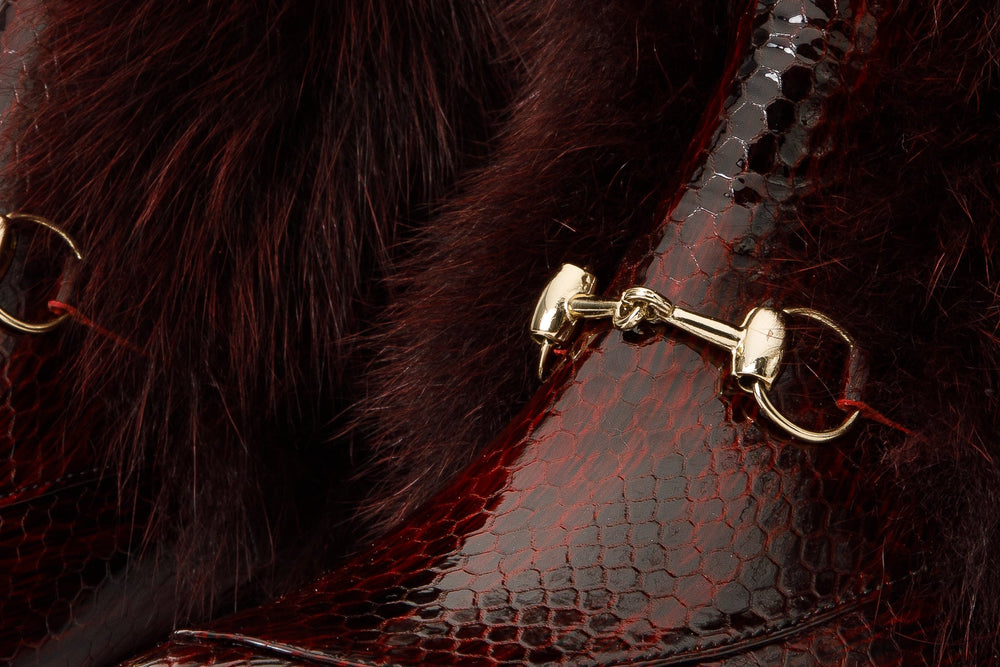The Izmir Burgundy Patent Leather Natural Fur Mid Calf Boot - Vinci Leather