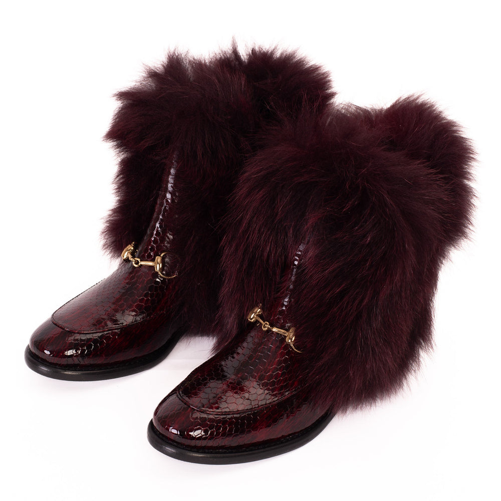 The Izmir Burgundy Patent Leather Natural Fur Mid Calf Boot - Vinci Leather