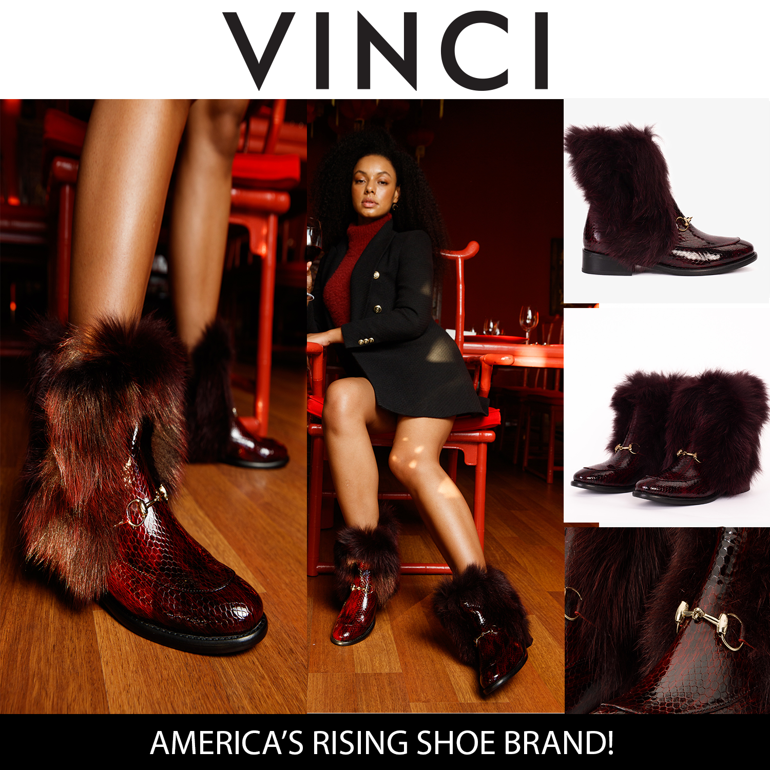 The Izmir Burgundy Patent Leather Natural Fur Mid Calf Boot - Vinci Leather