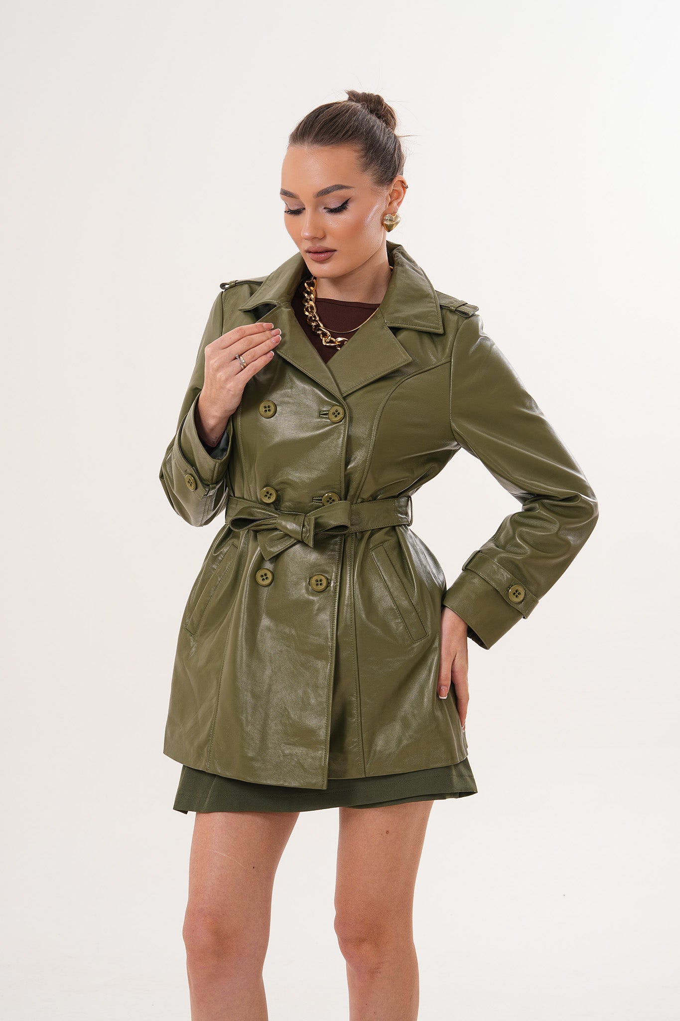 The Caelith Olive Green Leather Trench Jacket - Vinci Leather