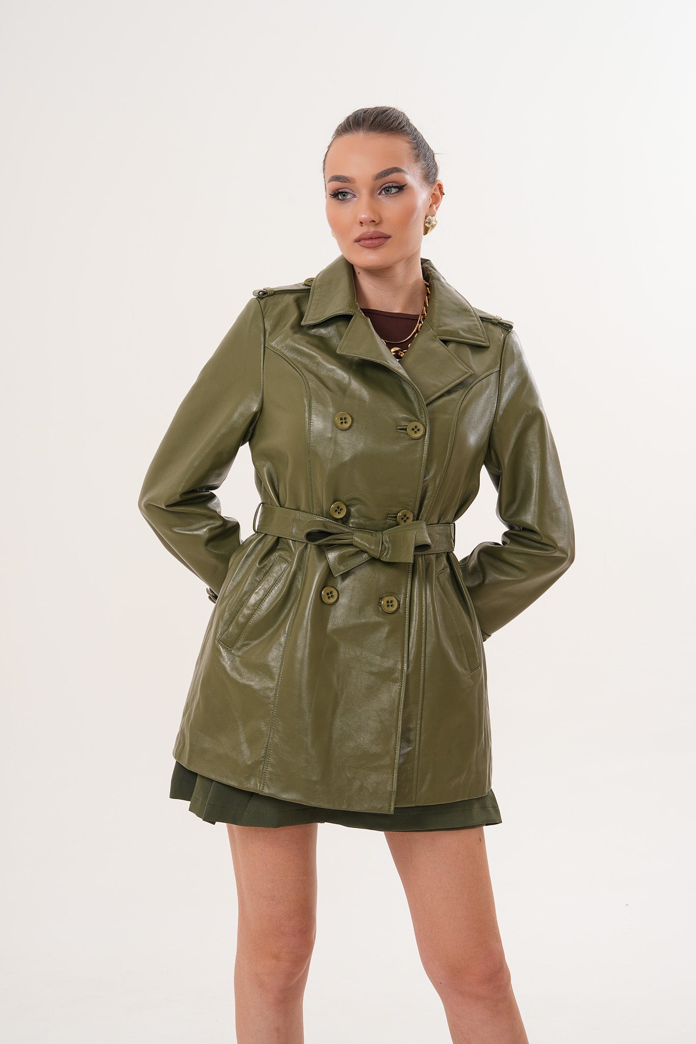 The Caelith Olive Green Leather Trench Jacket - Vinci Leather