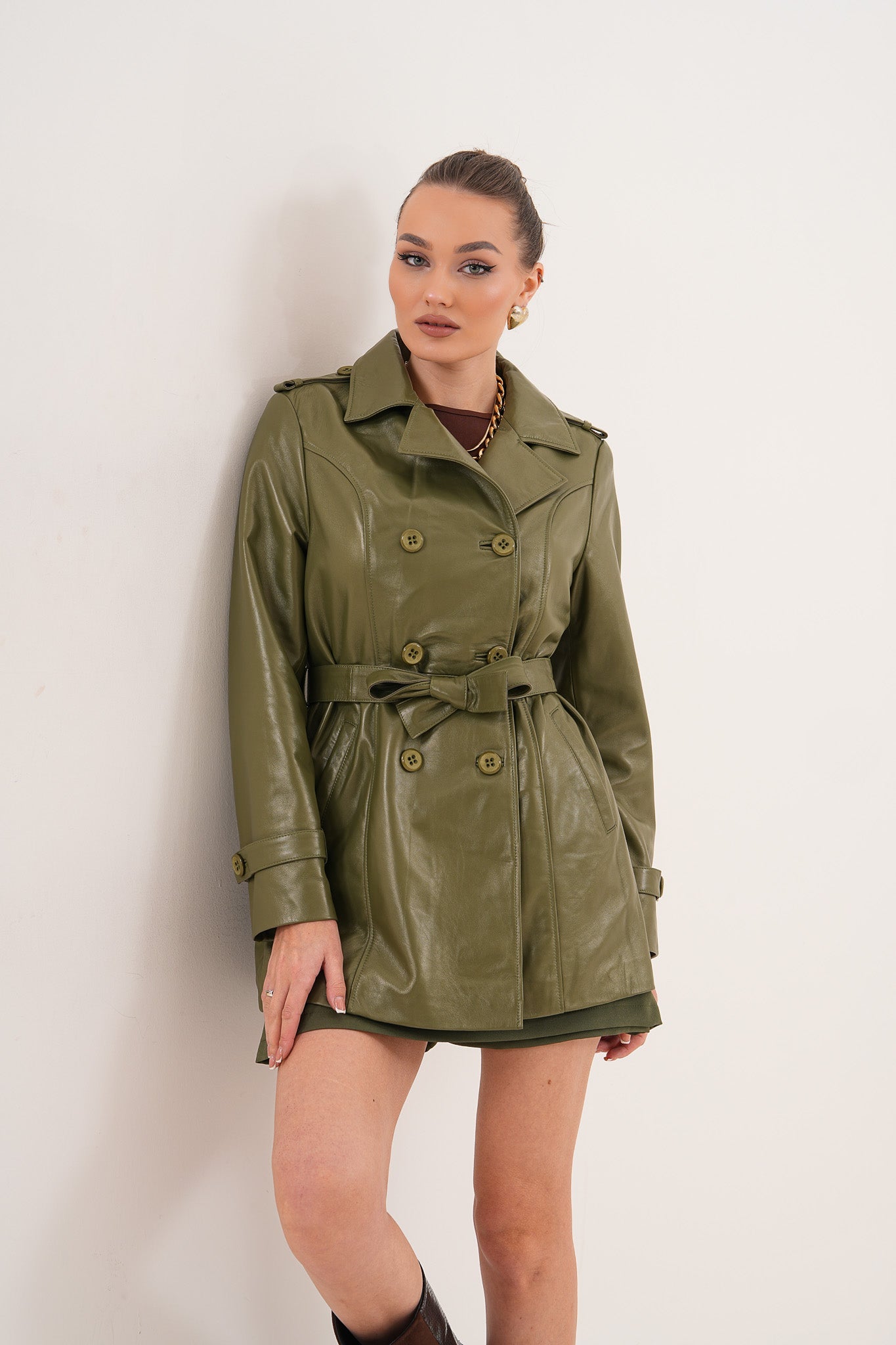 The Caelith Olive Green Leather Trench Jacket - Vinci Leather
