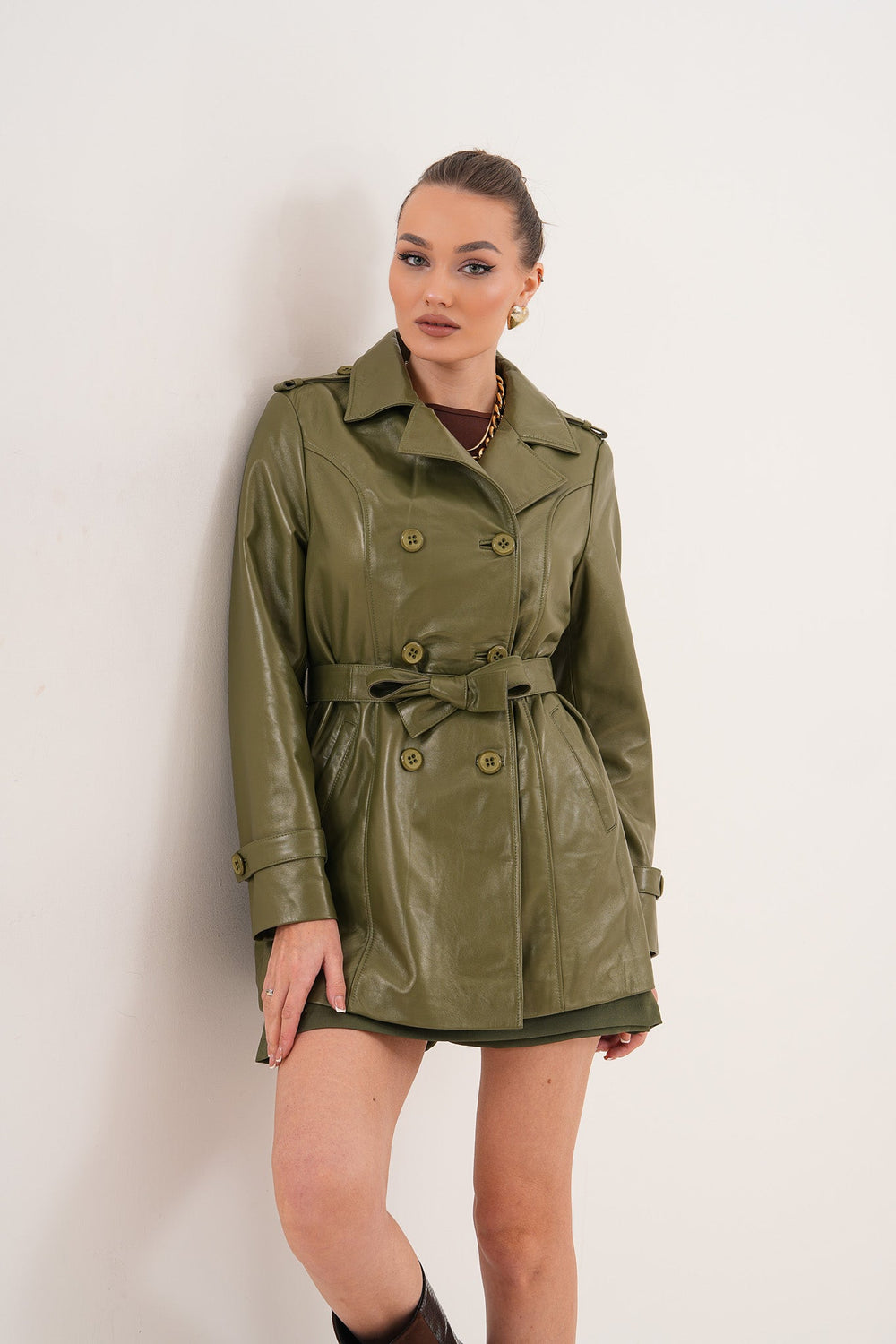 The Caelith Olive Green Leather Trench Jacket - Vinci Leather