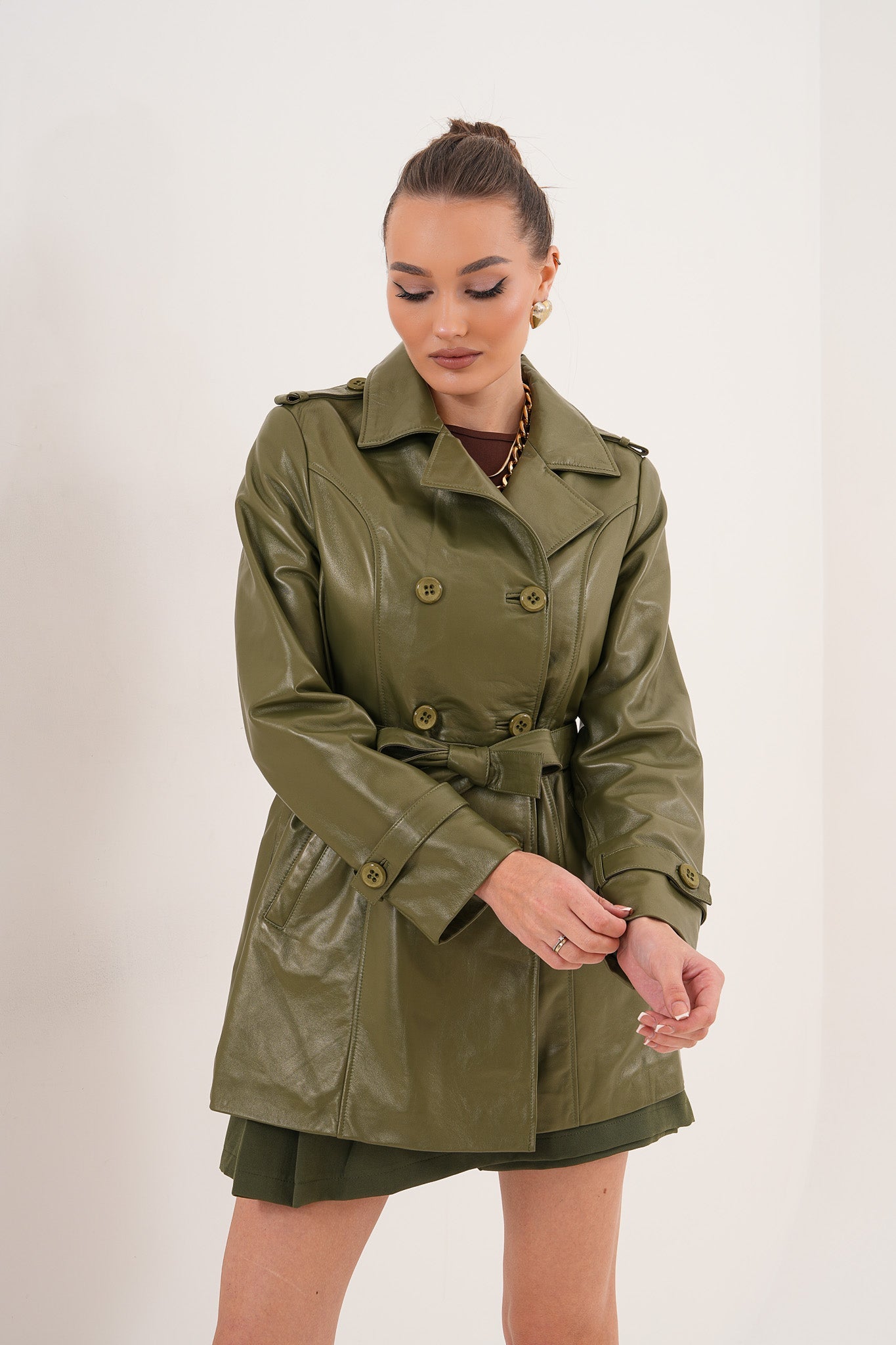 The Caelith Olive Green Leather Trench Jacket - Vinci Leather