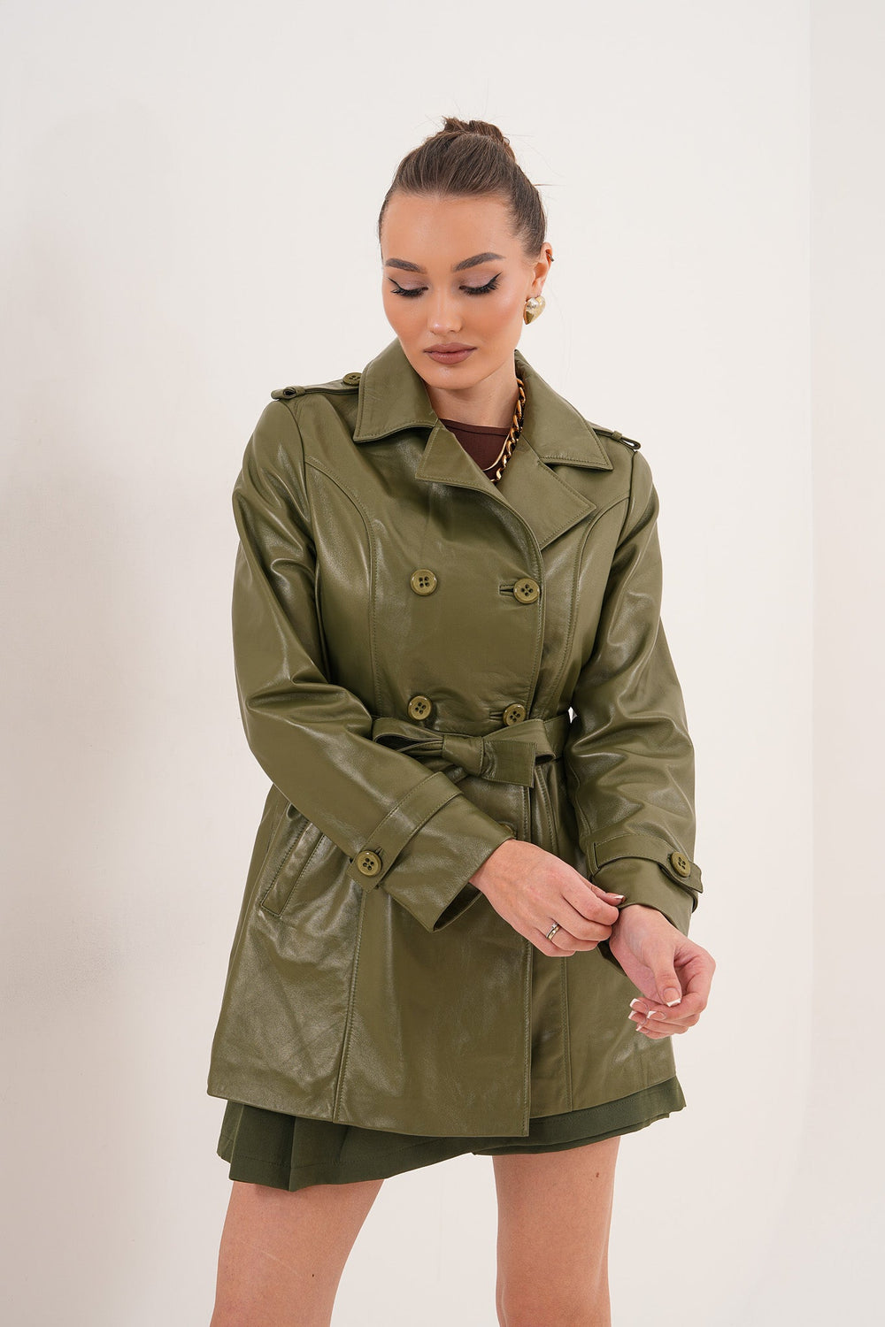 The Caelith Olive Green Leather Trench Jacket - Vinci Leather