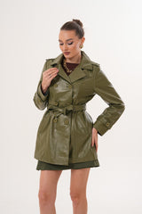 The Caelith Olive Green Leather Trench Jacket - Vinci Leather
