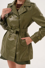 The Caelith Olive Green Leather Trench Jacket - Vinci Leather