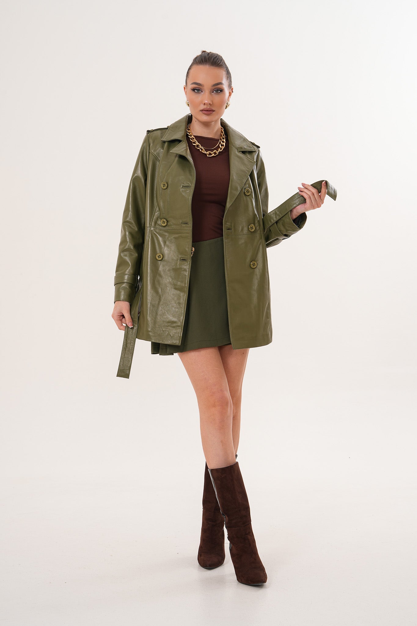 The Caelith Olive Green Leather Trench Jacket - Vinci Leather