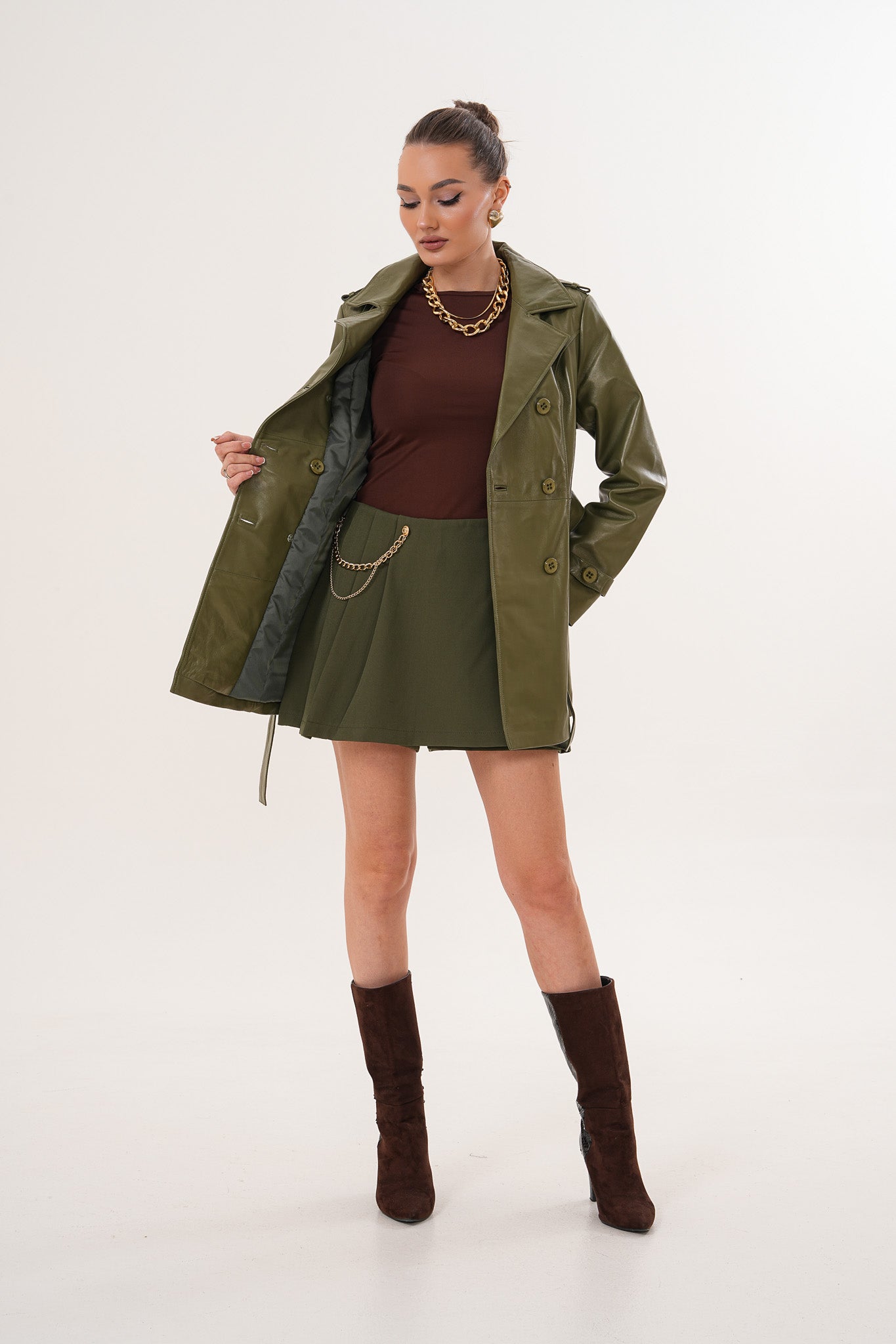 The Caelith Olive Green Leather Trench Jacket - Vinci Leather