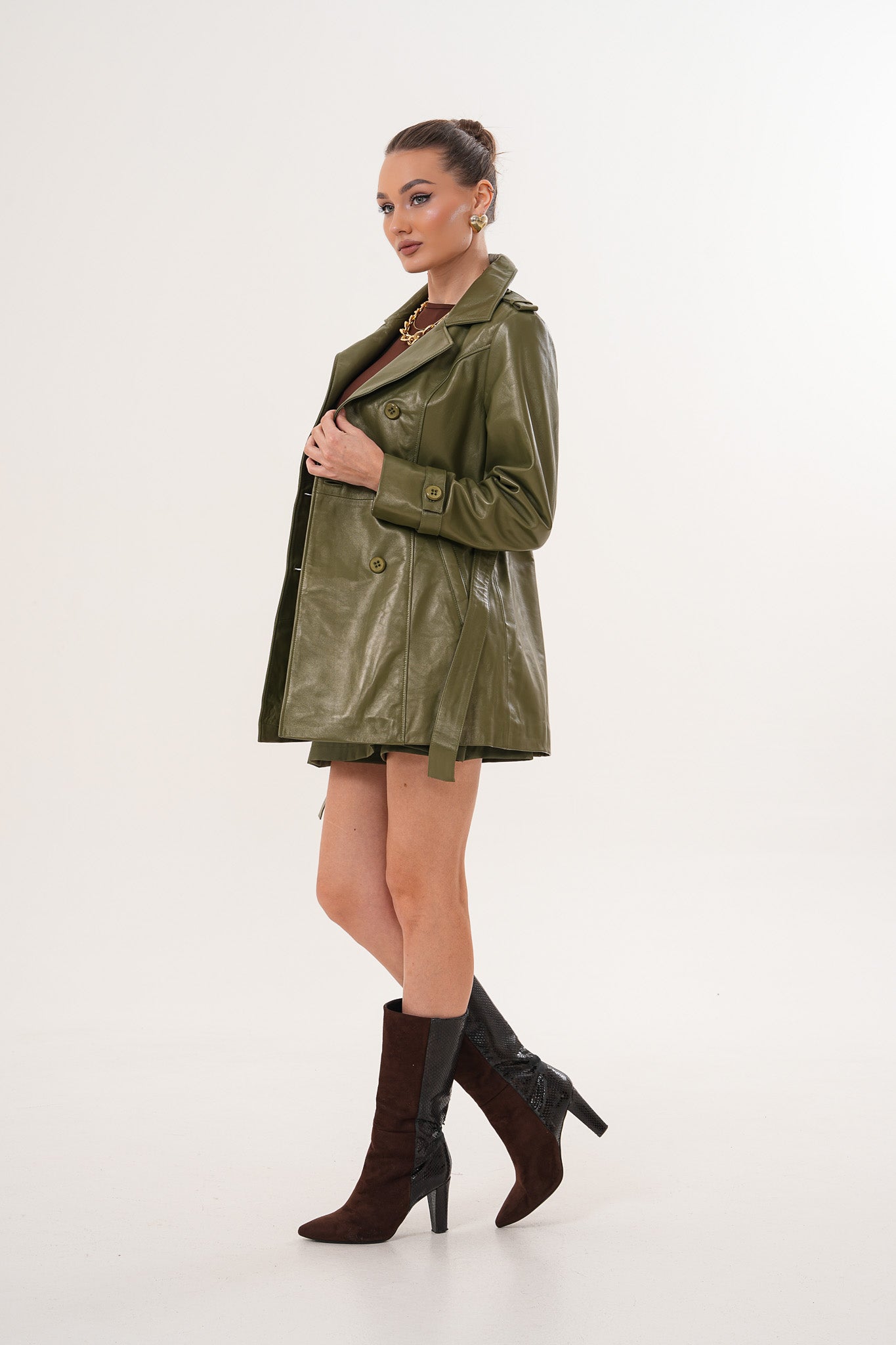 The Caelith Olive Green Leather Trench Jacket - Vinci Leather