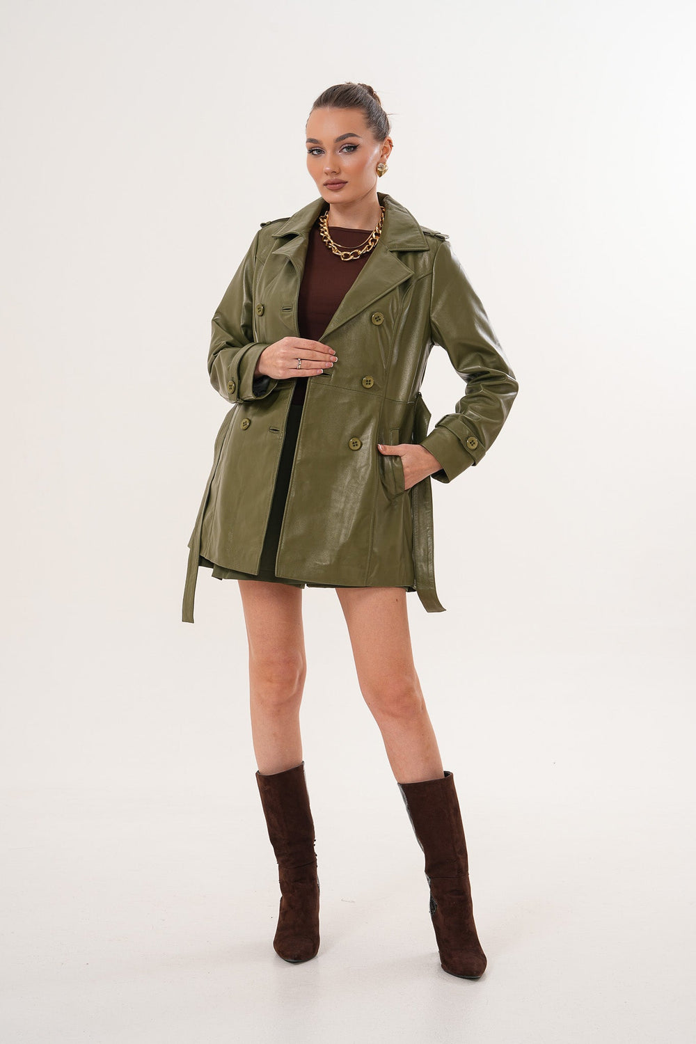 The Caelith Olive Green Leather Trench Jacket - Vinci Leather