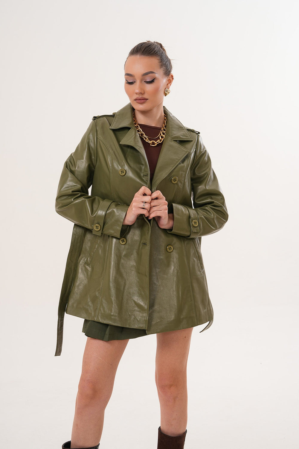 The Caelith Olive Green Leather Trench Jacket - Vinci Leather